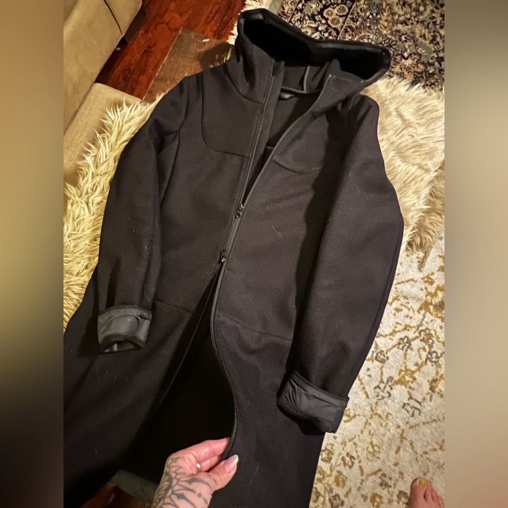 Lululemon long hardshell waterproof jacket zip pockets bug hood